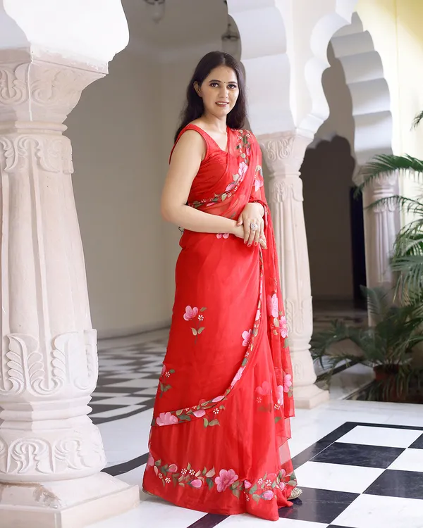 Hot_Red_Floral_H_Painted_Chiffon_Saree_For_Women